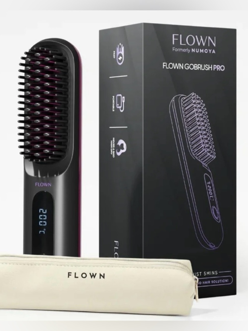 Flown Numoya GoBrush Pro Heated Straightening Brush in Black & Pink brand new